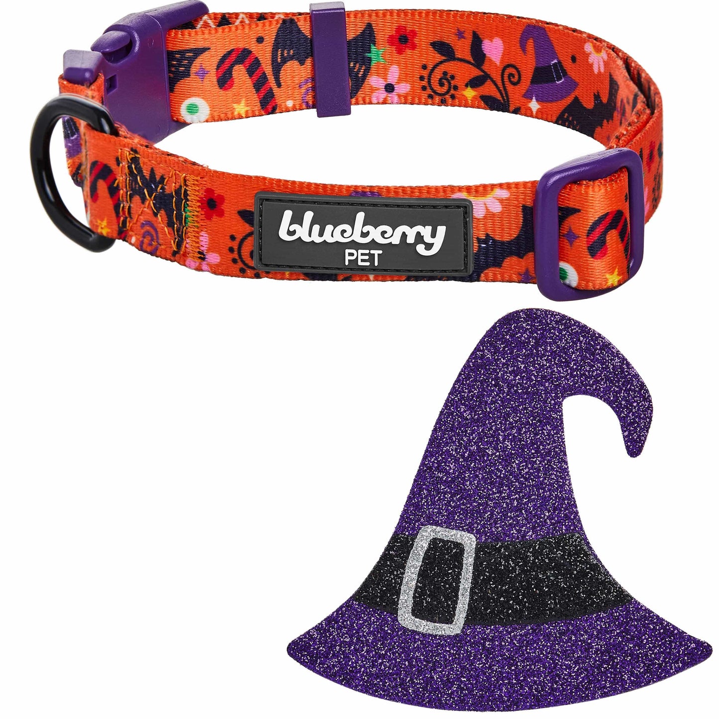 Halloween Dog Collar with Pumpkins, Ghosts and Witch Hat Design